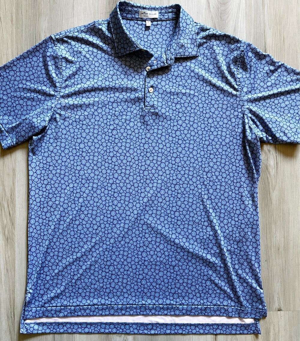 PETER MILLAR Golf Polo Play Fast Speedometer Racing All Over Print Sz L Indigo
